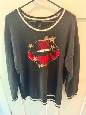 Torrid Buffalo Plaid Lips Sweater Size 1 Black Sequin Graphic Plus Size